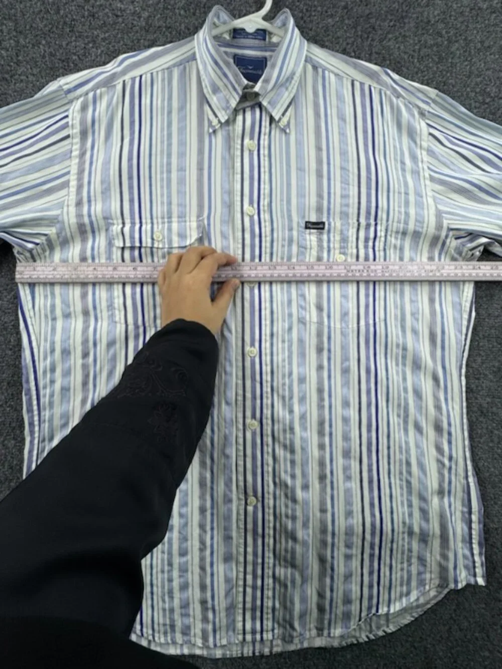 Faconnable Blue White Button-Down Striped Logo Medium Shirt Men Pocket Cotton